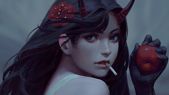  Fantasy, Demon, Apple, Cigarette, Girl, Horns, Smoking, HD wallpaper HD wallpaper