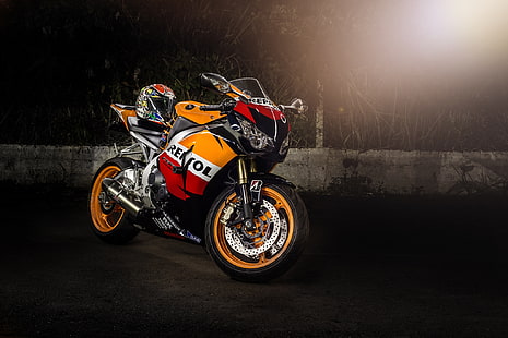 black and orange Repsol sports bike, motorcycle, helmet, Blik, bike, Honda, supersport, cbr1000rr, Repsol, HD wallpaper HD wallpaper