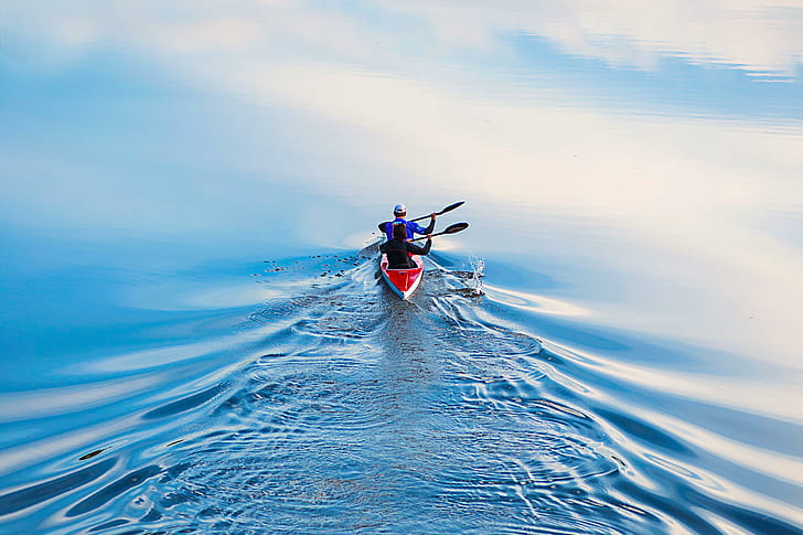 boating, sports, water, red and white kayak, boating, sports, water, HD wallpaper
