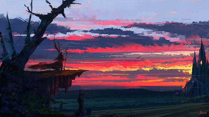 trees, mountains, and clouds painting, Aenami, digital art, landscape, fantasy art, artwork, clouds, sunset, staff, HD wallpaper