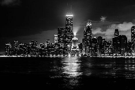 чёрно-белое, чикаго, город, огни города, озеро Мичиган, ночь, HD обои HD wallpaper