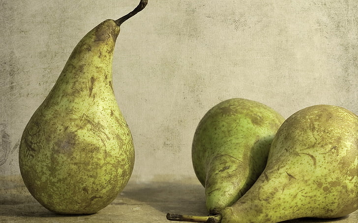 three unripe peers, pear, food, fruit, HD wallpaper