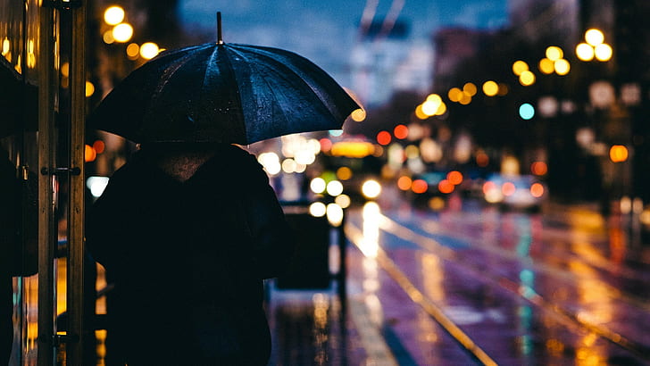 gerimis, malam, lampu bokeh, cahaya, malam, hari hujan, bokeh, kota, hujan, hujan, payung, Wallpaper HD