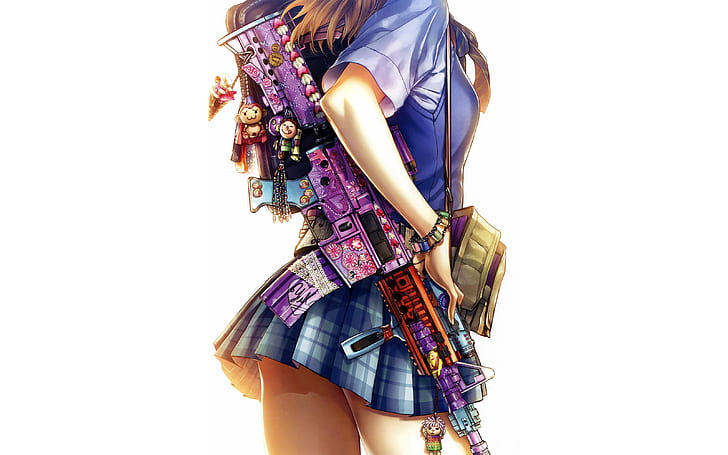 anime, anime dziewczyny, broń, dziewczyny z bronią, krótka spódniczka, spódniczka, Tapety HD