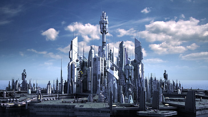 wallpaper gedung tinggi abu-abu, seni digital, futuristik, kota futuristik, bangunan, pencakar langit, awan, kota, Stargate Atlantis, seni penggemar, video game, fiksi ilmiah, Wallpaper HD