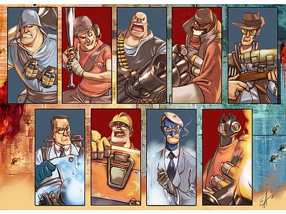 漫画のキャラクターのイラスト、チーム要塞2、スカウト（キャラクター）、兵士、ヘビー、デモマン、スナイパー（TF2）、メディック、エンジニア（キャラクター）、スパイ、パイロ（キャラクター）、火、ビデオゲーム、 HDデスクトップの壁紙 HD wallpaper