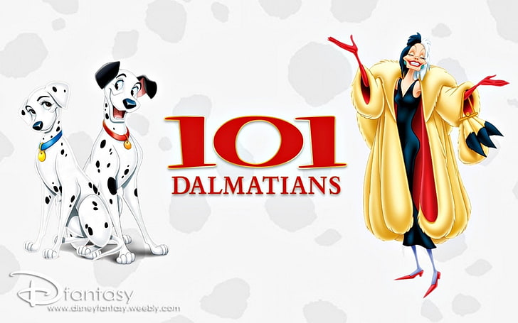 101 Dalmatians, poster, red, movie, cruella, black, animal, spot, anime, white, disney, dog, HD wallpaper