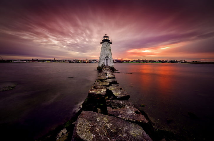 Massachusetts, New Bedford, lighthouse, nature, sky, red, HD wallpaper