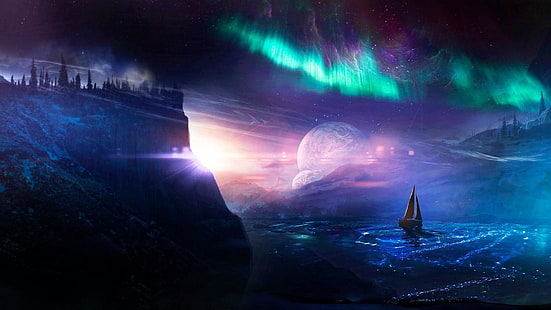 space, artwork, canyon, aurora borealis, planet, fantasy art, aurora, darkness, atmosphere, sail, universe, visual effects, earth, special effects, sailboat, phenomenon, sky, outer space, HD wallpaper HD wallpaper