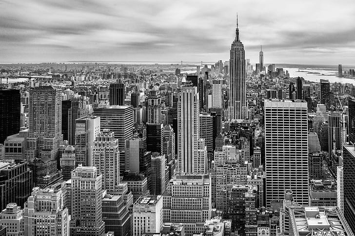 полутоновая съемка высотных зданий, оттенки серого, фотосъемка, высотные здания, центр Манхэттена, Нью-Йорк, Нью-Йорк, топ, Рокфеллер-центр, GE Building, Эмпайр Стейт Билдинг, BandW, BlackandWhite, широкий угол, Нью-Йорк, США, Манхэттен - Нью-Йорк, черно-белый, городской пейзаж, городской горизонт, небоскреб, известное место, городская сцена, штат Нью-Йорк, город, центр города, архитектура, вид сверху, здание экстерьер, построенная структура, офисное здание, городская жизнь,Нижний Манхэттен, HD обои