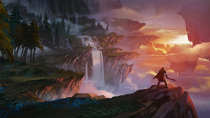 Video Game, Dauntless, Floating Island, Nature, Sword, Warrior, Waterfall, HD wallpaper