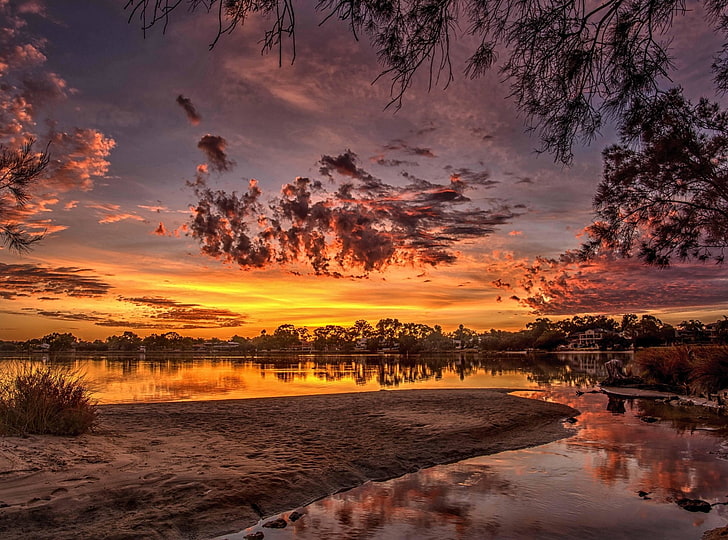 Jord, flod, moln, natur, reflektion, Salter Point, himmel, solnedgång, Swan River, västra Australien, HD tapet