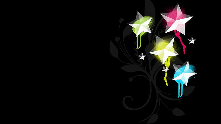 التصميم الجرافيكي ، النجوم ، الأزهار ، خلفية سوداء ، ملونة ، الفن الرقمي، خلفية HD