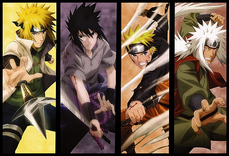 Naruto Shippuuden, Uzumaki Naruto, Namikaze Minato, Uchiha Sasuke, Jiraiya, pannelli, Sfondo HD HD wallpaper