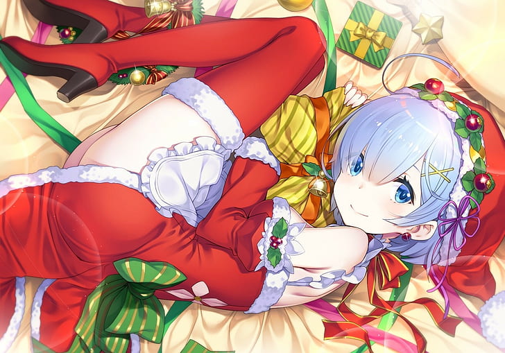 Рождество, Рем (Re: Zero), Re: Zero Kara Hajimeru Isekai Seikatsu, синие волосы, голубые глаза, Санта шляпы, HD обои