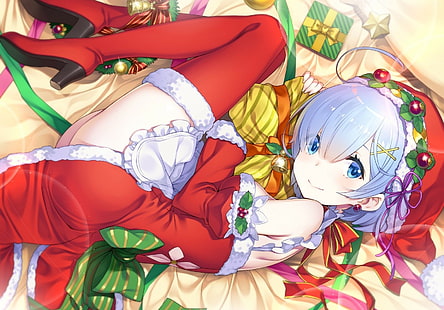 Рождество, Рем (Re: Zero), Re: Zero Kara Hajimeru Isekai Seikatsu, синие волосы, голубые глаза, Санта шляпы, HD обои HD wallpaper