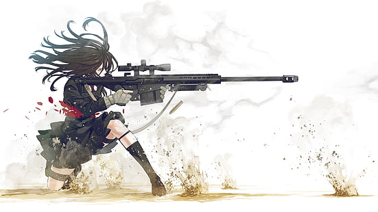 снайперская винтовка, девушки с оружием, Козаки Юусуке, пистолет, аниме, черные волосы, простой фон, кровь, белый фон, оригинальные персонажи, аниме девушки, оружие, HD обои HD wallpaper