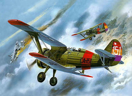 зелена и червена илюстрация на самолет CA-151, самолетът, изтребител, битка, съветски, едномоторен, -15, Heinkel, 30. g, Not-51., политропон, отводи, единичен, биплан, HD тапет HD wallpaper