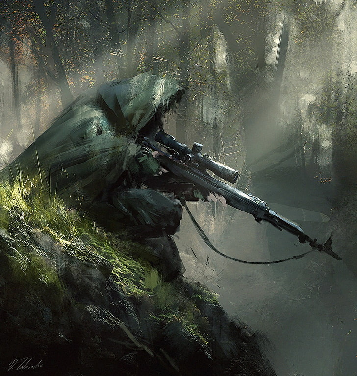 персонаж в зеленом плаще с капюшоном и черной винтовкой с цифровыми обоями, снайперская винтовка, снайперы, произведение искусства, Дарек Заброцкий, солдат, HD обои, телефон обои