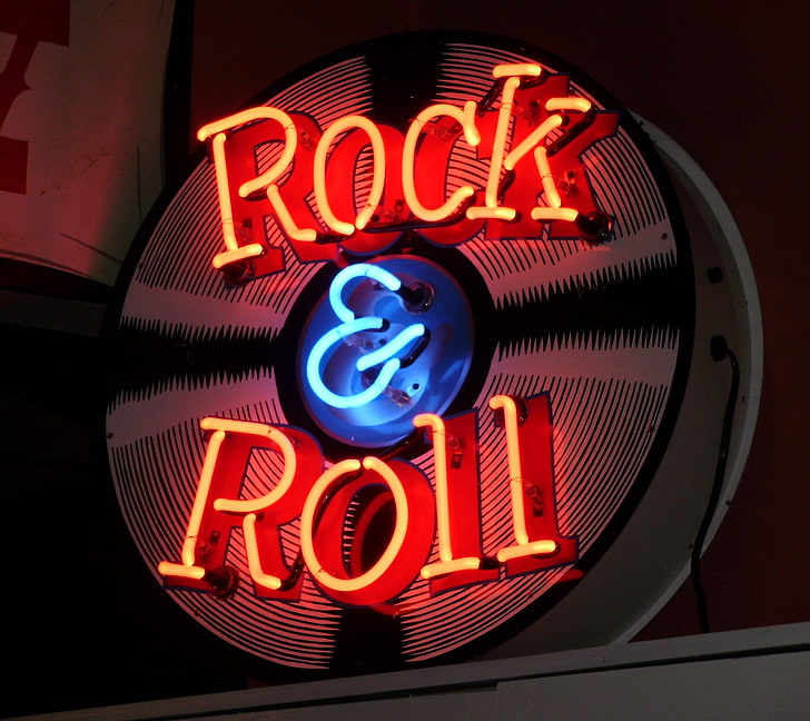 sinalização de luz de neon vermelho rock & roll, sinal de néon de rock & roll, HD papel de parede