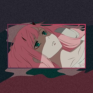 anime, anime girls, Zero Two (Darling in the FranXX), Kod: 002, kwadrat, różowe włosy, rogi, Tapety HD HD wallpaper