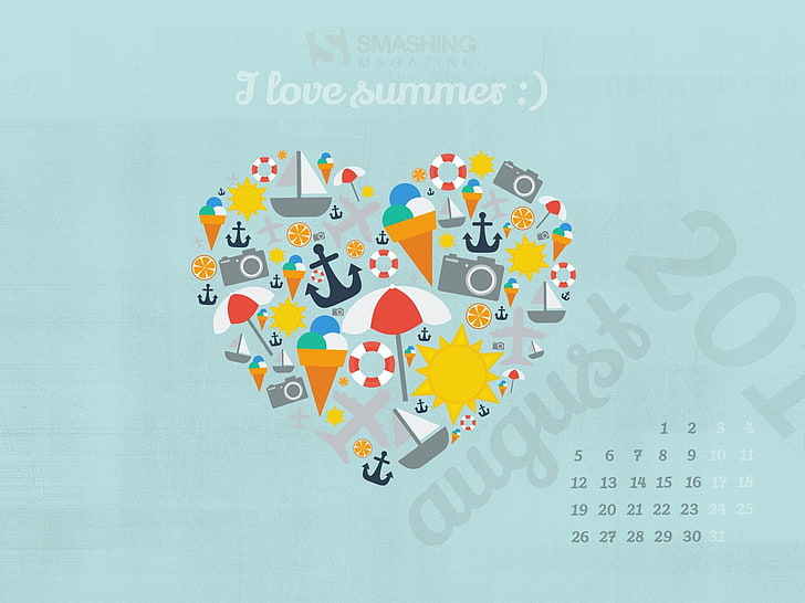 I Love Summer-August 2013 calendar wallpaper, heart shape illustration, HD wallpaper