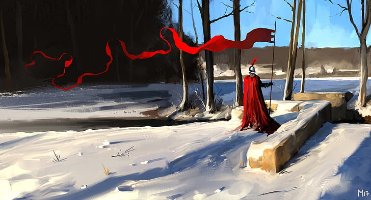 Доминик Майер, фэнтези-арт, рыцарь, флаг, HD обои