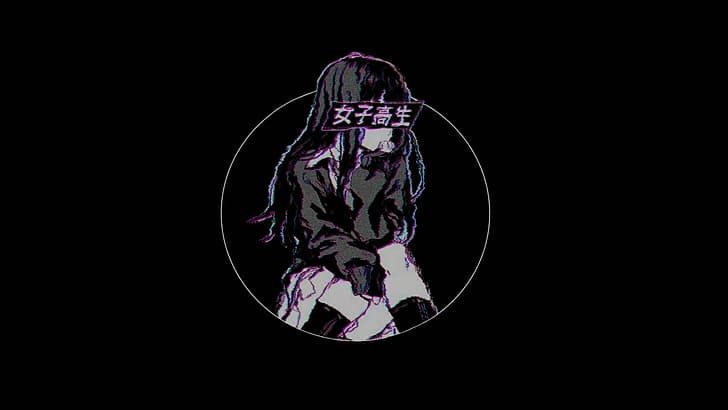 black background, chromatic aberration, kanji, anime, circle, HD wallpaper