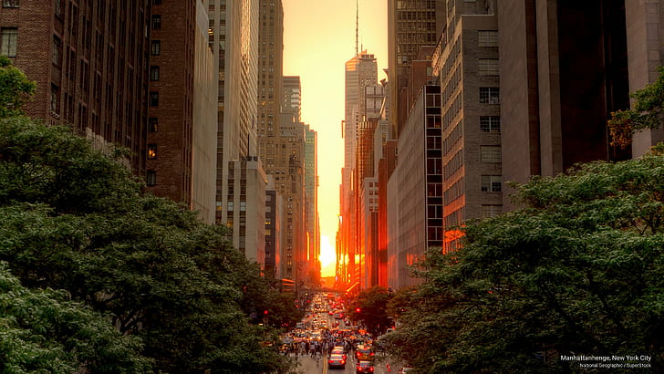 แมนฮัตตันเฮนจ์นครนิวยอร์กพระอาทิตย์ขึ้น / พระอาทิตย์ตก, วอลล์เปเปอร์ HD
