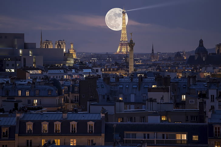 都市、パリ、都市、エッフェル塔、フランス、月、夜、 HDデスクトップの壁紙