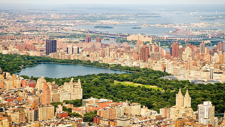 都市の建物、木々、池、都市景観、建築、建物、都市、ニューヨーク市、アメリカ、水、セントラルパーク、木々、湖、海、橋、高層ビル、鳥瞰図、 HDデスクトップの壁紙