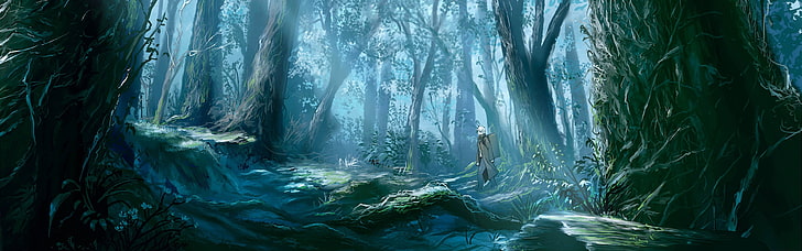 ormanda dijital sanat, çoklu ekran, Mushishi, Ginko (Mushishi), anime, orman üzerinde yürüyen kişi, HD masaüstü duvar kağıdı