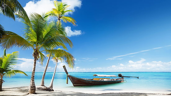 океан, лето, синее море, голубое небо, пальмы, пальма, пляж, туризм, вода, отпуск, тропики, берег, дерево, ареалы, пальма, лодка, море, карибский бассейн, водное пространство, небо, HD обои HD wallpaper