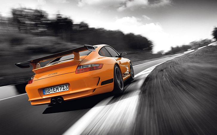 vehicle, car, Porsche, motion blur, rear view, Porsche GT3RS, orange cars, selective coloring, Porsche 911 GT3 RS, HD wallpaper