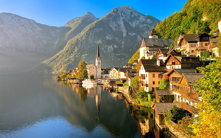 Austria, Hallstatt, Salzkammergut, jesień, dom, jezioro, góry, światło słoneczne, Austria, Hallstatt, Salzkammergut, jesień, dom, jezioro, góry, światło słoneczne, Tapety HD