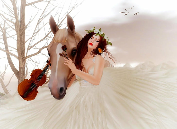 Fantasy, Women, Bride, Horse, Rose, Violin, Woman, Wreath, HD wallpaper