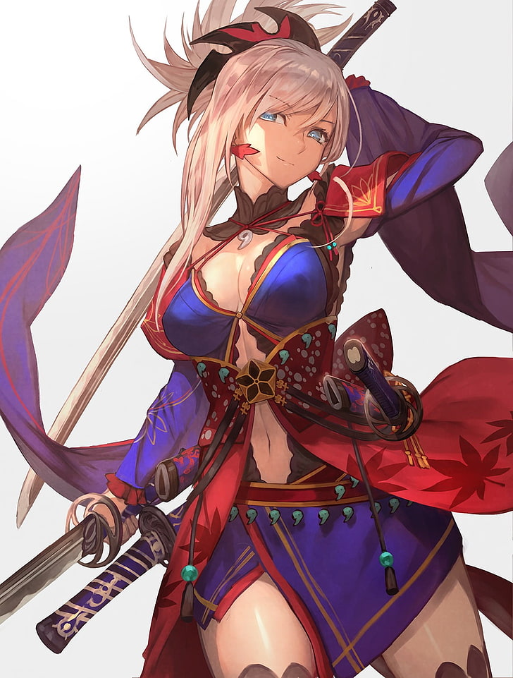 Anime Girls, Schwertfrau, weißes Haar, digitale Kunst, Miyamoto Musashi (Schicksal / Großauftrag), HD-Hintergrundbild, Handy-Hintergrundbild