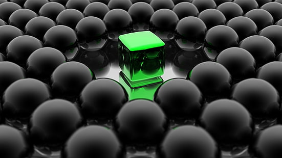 3D, abstracto, bolas, cubo verde, 3d, abstracto, bolas, cubo verde, Fondo de pantalla HD HD wallpaper