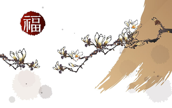 роспись белыми цветочками, произведения искусства, минимализм, китайский, HD обои