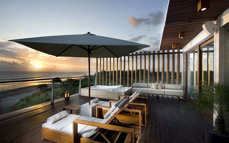 Beach House Retreat, set da 2 patio in legno marrone, spiagge, tramonti, case, natura, rifugio, salone, natura e paesaggi, Sfondo HD