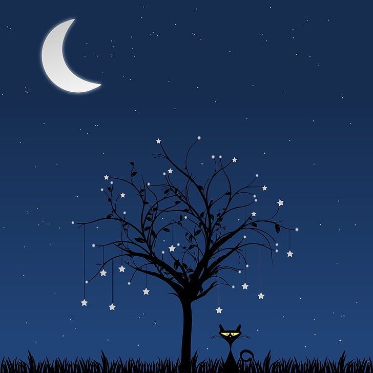 Ilustración de árbol negro y luna blanca, gato, arte, árbol, vector, Fondo de pantalla HD