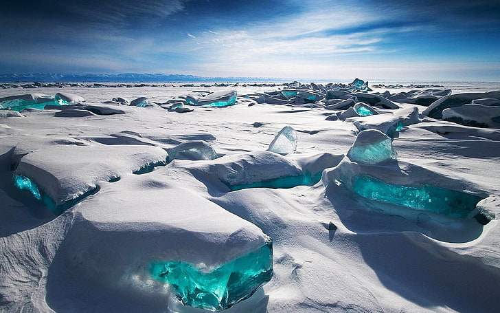green stones, ice field during daytime, Russia, Siberia, ice, snow, sky, landscape, blue, photography, nature, Lake Baikal, Alexey Trofimov, cyan, HD wallpaper