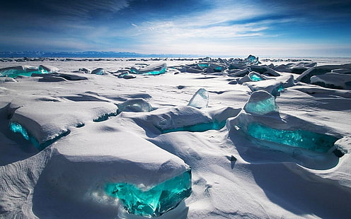 green stones, ice field during daytime, Russia, Siberia, ice, snow, sky, landscape, blue, photography, nature, Lake Baikal, Alexey Trofimov, cyan, HD wallpaper HD wallpaper