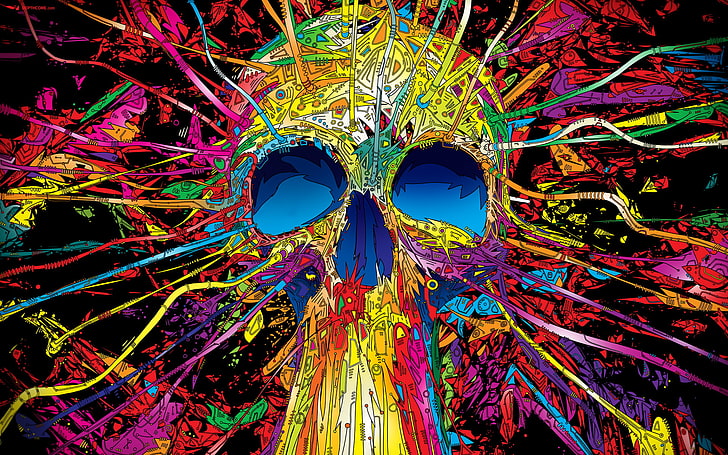 illustrazione di teschio multicolore, teschio, opere d'arte, Matei Apostolescu, psichedelico, arte digitale, colorato, Sfondo HD