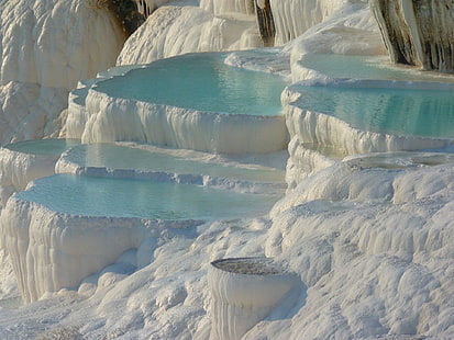 Jord, Pamukkale, blå, glaciär, varm vår, is, natur, Turkiet, vatten, vit, HD tapet HD wallpaper