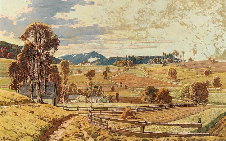 Paesaggio autunnale, pittore austriaco, olio su tela, Josef Stoitzner, Joseph Stoitzner, Sfondo HD