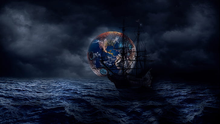 ship, Pirate ship, boat, sailing ship, blue, water, sea, planet, space, night, clouds, digital art, dark, HD wallpaper