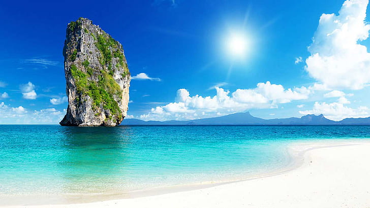 Hermoso mar azul roca sol cielo con nubes blancas Krabi Tailandia fondo de pantalla Hd 1920 × 1080, Fondo de pantalla HD