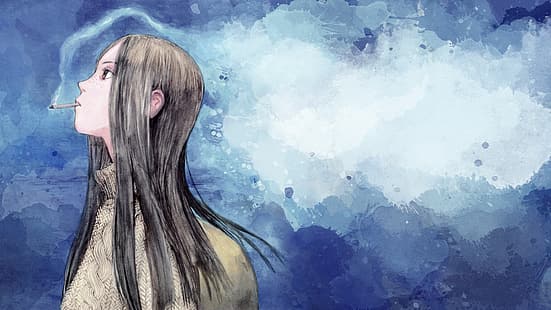 Omoide Emanon, dziewczyny anime, papierosy, dym, długie włosy, manga, Tapety HD HD wallpaper