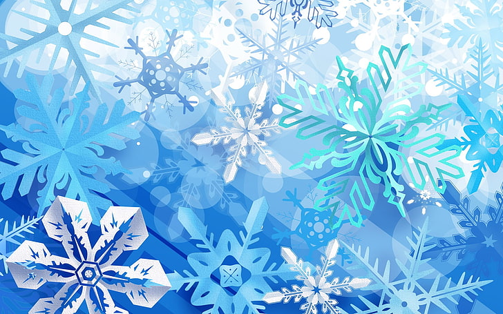snow flakes, artwork, cyan, HD wallpaper